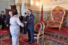 Image du Maroc Professionnelle de  Sa Majesté Mohammed VI roi du Maroc nomme Mme Imane Ouadil, Ambassadeur de Sa Majesté le Roi auprès de la République du Ghana, Mme Zouhour Alaoui, Ambassadeur de Sa Majesté le Roi auprès de la République fédérale d'Allemagne, M. Lotfi Bouchaara, Ambassadeur de Sa Majesté le Roi auprès de la Fédération de Russie et Mme Rajaa Naji Mekkaoui, Ambassadeur de Sa Majesté le Roi auprès du Vatican et de l'Ordre souverain et militaire de Malte ainsi que de nouveaux autres ambassadeurs à Rabat le 26 Juin 2019.
 (Photo/ SPPR) via Jalilbounhar.com 